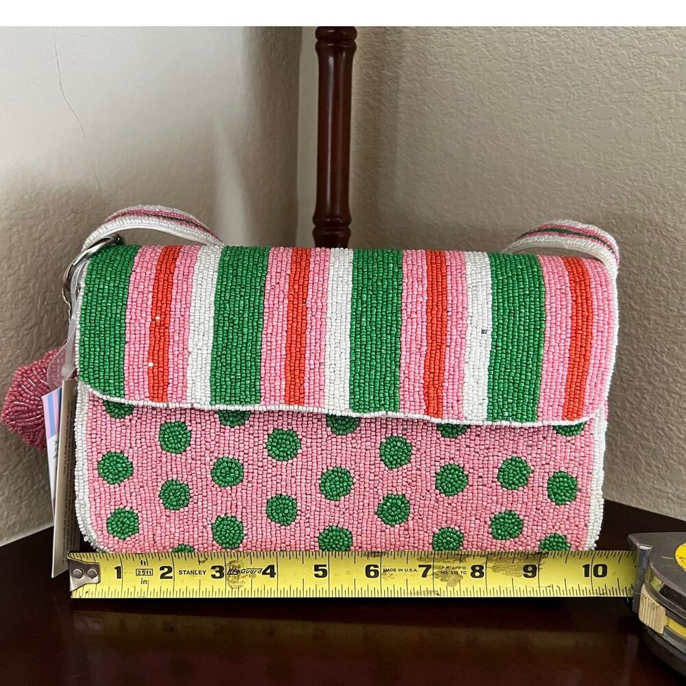 NWT Handcrafted India Beaded Purse Pink Green Striped Artsy Charm Shoulder Bag - Picture 8 of 16